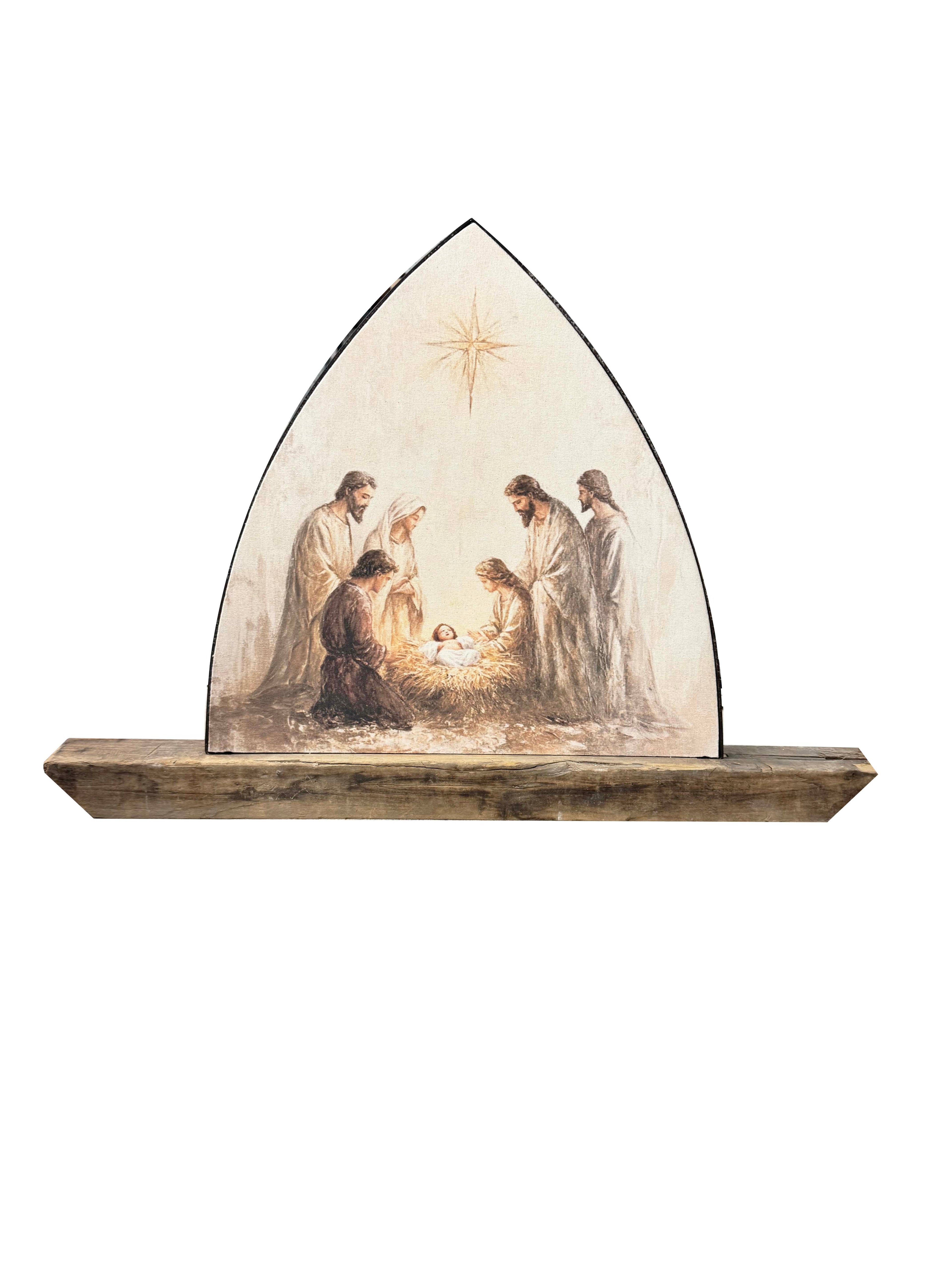 Metal + Wood Arched Canvas Nativity