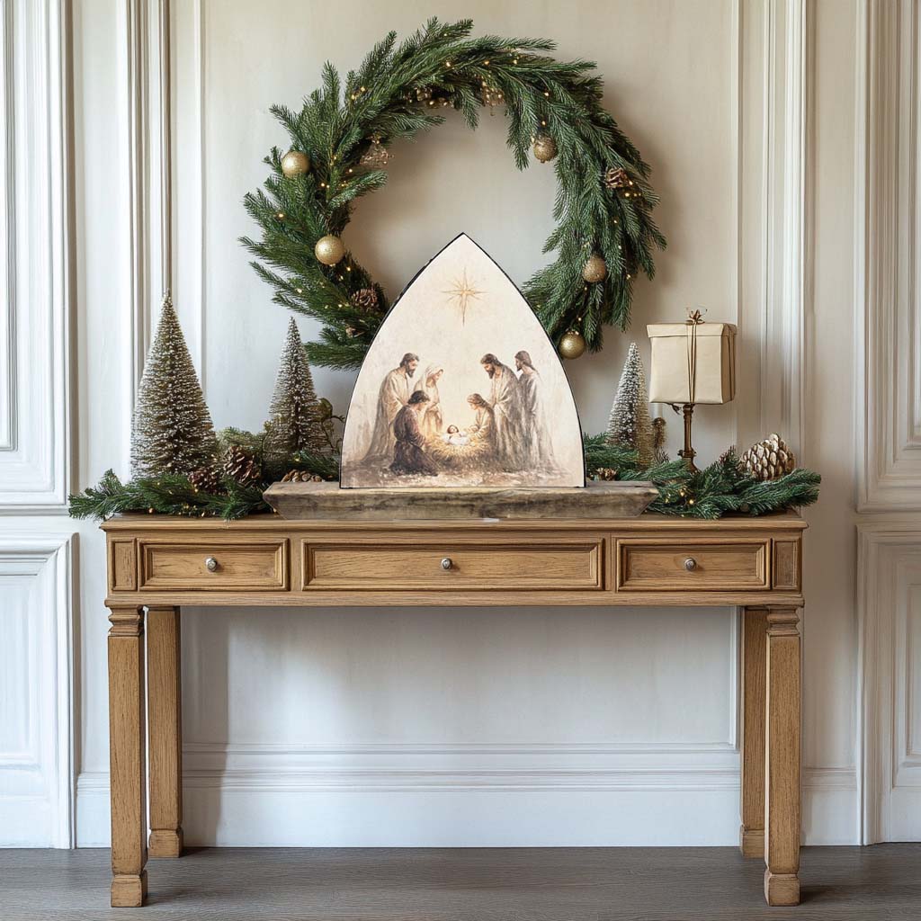 Metal + Wood Arched Canvas Nativity